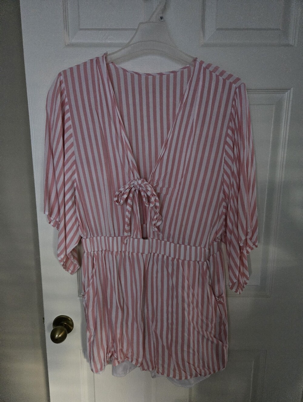 Women’s Pink & White Striped V-Neck Tie Front Romper